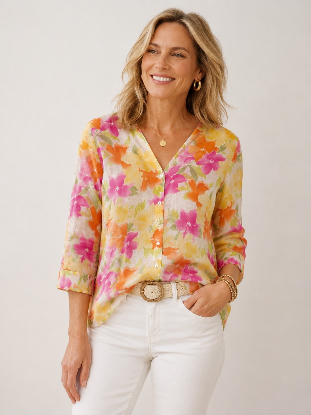 Talbots Vintage Linen Floral Button Front Top Size 8 3/4 sleeves, lightweight